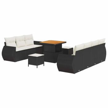 10-teiliges Gartensofa-Set mit Kissen Schwarz Poly-Rattan Akazie, 3-teiliges Garten-Dining-Set mit Kissen Schwarz Poly-Rattan Akazie