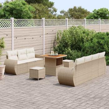 10-teiliges Garten Sofa Set mit Kissen Beige Poly Rattan Akazie, 3-teiliges Garten Essset mit Kissen Beige Poly Rattan Akazie