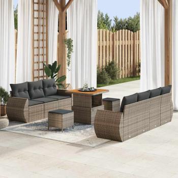 ARDEBO.de - 10-teiliges Garten-Sofa-Set mit Kissen - Graues Poly-Rattan & Akazie, 3-teiliges Garten-Ess-Set mit Kissen - Graues Poly-Rattan & Akazie
