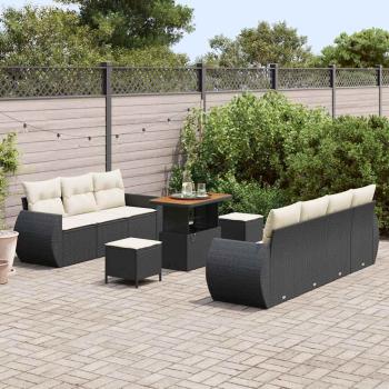 10-teiliges Garten-Sofa-Set mit Kissen Schwarz Poly-Rattan Akazie, 3-teiliges Garten-Ess-Set mit Kissen Schwarz Poly-Rattan Akazie