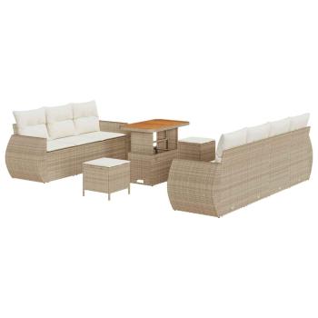 10-teiliges Garten Sofa Set mit Kissen Beige Poly Rattan Akazie, 3-teiliges Garten Essset mit Kissen Beige Poly Rattan Akazie