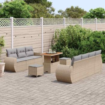 10-teiliges Garten Sofaset mit Kissen Beige Poly Rattan Akazie, 3-teiliges Garten Esstischset mit Kissen Beige Poly Rattan Akazie