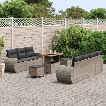 10-teiliges Garten-Sofaset mit Kissen Grau Poly-Rattan Akazie, 3-teiliges Garten-Essgruppe mit Kissen Grau Poly-Rattan Akazie