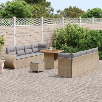 11-teiliges Garten Sofa Set mit Kissen Beige Poly Rattan Akazie, 3-teiliges Garten Ess Set mit Kissen Beige Poly Rattan Akazie