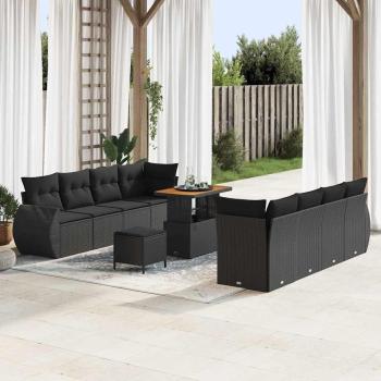 ARDEBO.de - 11-teiliges Garten-Sofa-Set mit Kissen Schwarz Poly-Rattan Akazie, 3-teiliges Garten-Ess-Set mit Kissen Schwarz Poly-Rattan Akazie