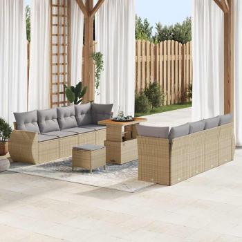 ARDEBO.de - 11-teiliges Garten Sofaset mit Kissen Beige Poly Rattan Akazie, 3-teiliges Garten Essset mit Kissen Beige Poly Rattan Akazie