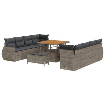 11-teiliges Gartensofa-Set mit Kissen Grau Poly Rattan Akazie, 3-teiliges Garten-Esszimmer-Set mit Kissen Grau Poly Rattan Akazie