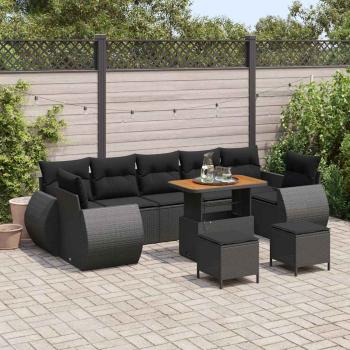 ARDEBO.de - 10-teiliges Garten-Sofa-Set mit Kissen Schwarz Poly Rattan Akazie, 3-teiliges Garten-Esszimmer-Set mit Kissen Schwarz Poly Rattan Akazie