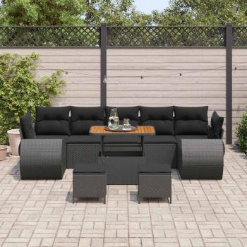 10-teiliges Garten-Sofa-Set mit Kissen Schwarz Poly Rattan Akazie, 3-teiliges Garten-Esszimmer-Set mit Kissen Schwarz Poly Rattan Akazie
