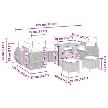 10-teiliges Garten Sofa Set mit Kissen Grau Poly Rattan Akazie, 3-teiliges Garten Essenset mit Kissen Grau Poly Rattan Akazie