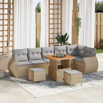 ARDEBO.de - 9-Teiliges Garten Sofa Set mit Kissen Beige Poly Rattan Akazie, 3-Teiliges Garten Essset mit Kissen Beige Poly Rattan Akazie