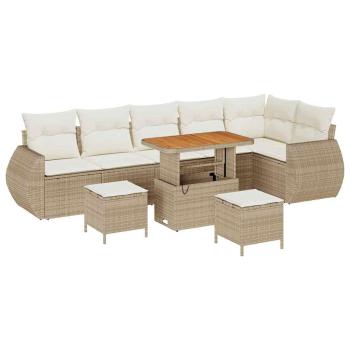 9-teiliges Garten Sofa Set mit Kissen Beige Poly Rattan Akazie, 3-teiliges Garten Esszimmer Set mit Kissen Beige Poly Rattan Akazie
