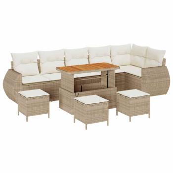 10-teiliges Garten Sofa Set mit Kissen Beige Poly Rattan Akazie, 4-teiliges Garten Esszimmer Set mit Kissen Beige Poly Rattan Akazie