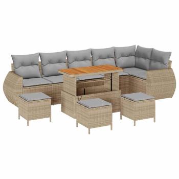 10-teiliges Garten Sofa Set mit Kissen Beige Poly Rattan Akazie, 4-teiliges Garten Esstisch Set mit Kissen Beige Poly Rattan Akazie