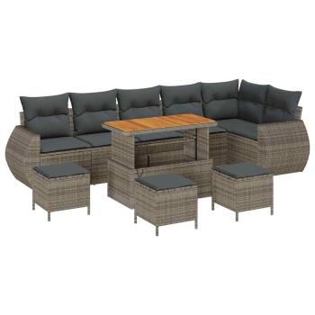 10-teiliges Garten-Sofa-Set mit Kissen Grau Poly-Rattan Akazie, 4-teiliges Garten-Ess-Set mit Kissen Grau Poly-Rattan Akazie