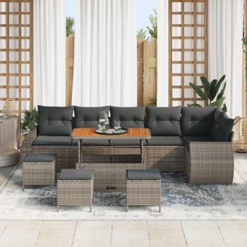 10-teiliges Garten-Sofa-Set mit Kissen Grau Poly-Rattan Akazie, 4-teiliges Garten-Ess-Set mit Kissen Grau Poly-Rattan Akazie