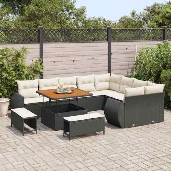 12-teiliges Garten Sofa Set mit Kissen Schwarz Poly Rattan Akazie, 3-teiliges Garten Esszimmer Set mit Kissen Schwarz Poly Rattan Akazie