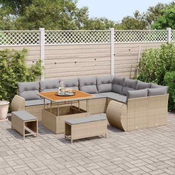 12-teiliges Garten Sofa Set mit Kissen Beige Poly Rattan Akazie, 3-teiliges Garten Esszimmer Set mit Kissen Beige Poly Rattan Akazie