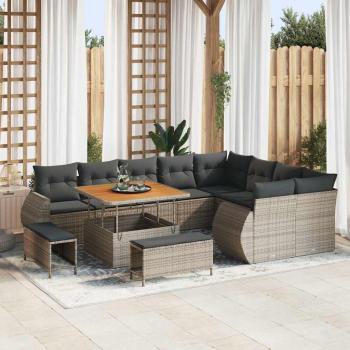 ARDEBO.de - 12-teiliges Garten Sofa Set mit Kissen Grau Poly Rattan Akazie, 3-teiliges Garten Essset mit Kissen Grau Poly Rattan Akazie