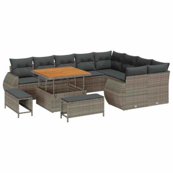 12-teiliges Garten Sofa Set mit Kissen Grau Poly Rattan Akazie, 3-teiliges Garten Essset mit Kissen Grau Poly Rattan Akazie