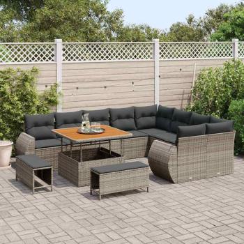 12-teiliges Garten Sofa Set mit Kissen Grau Poly Rattan Akazie, 3-teiliges Garten Essset mit Kissen Grau Poly Rattan Akazie