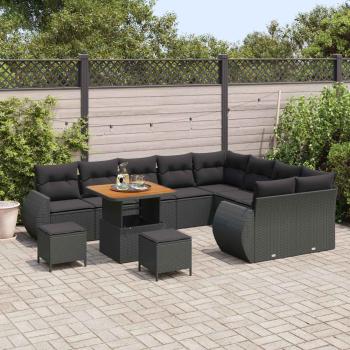 12-teiliges Garten-Sofa-Set mit Kissen Schwarz Poly-Rattan Akazie, 3-teiliges Garten-Dining-Set mit Kissen Schwarz Poly-Rattan Akazie