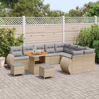 12-teiliges Gartensofaset mit Kissen Beige Poly Rattan Akazie, 3-teiliges Garten Essset mit Kissen Beige Poly Rattan Akazie