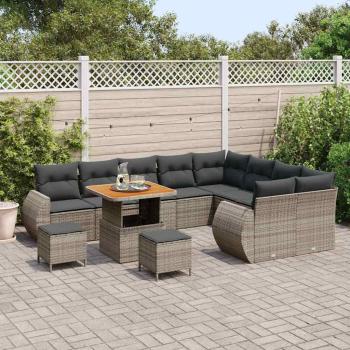 ARDEBO.de - 12-teiliges Garten Sofaset mit Kissen Grau Poly Rattan Akazie, 3-teiliges Garten Esstischset mit Kissen Grau Poly Rattan Akazie