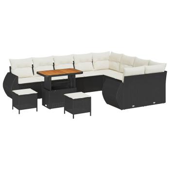 12-teiliges Garten Sofa Set mit Kissen Schwarz Poly Rattan Akazie, 3-teiliges Garten Essset mit Kissen Schwarz Poly Rattan Akazie