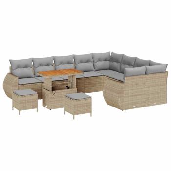 12-teiliges Garten Sofa Set mit Kissen Beige Poly Rattan Akazie, 3-teiliges Garten Essenset mit Kissen Beige Poly Rattan Akazie