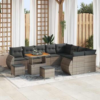 ARDEBO.de - 12-teiliges Garten Sofa Set mit Kissen Grau Poly Rattan Akazie, 3-teiliges Garten Essset mit Kissen Grau Poly Rattan Akazie