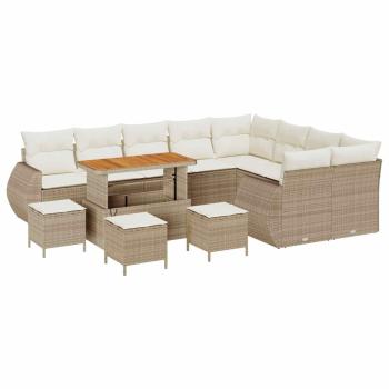 13-teiliges Garten Sofa Set mit Kissen Beige Poly Rattan Akazie, 4-teiliges Garten Esstisch Set mit Kissen Beige Poly Rattan Akazie