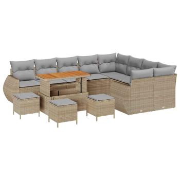13-teiliges Garten Sofa Set mit Kissen Beige Poly Rattan Akazie, 4-teiliges Garten Esszimmer Set mit Kissen Beige Poly Rattan Akazie