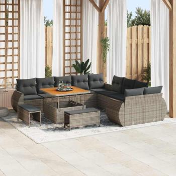 ARDEBO.de - 13-teiliges Garten Sofa Set mit Kissen graues Poly Rattan Akazie, 3-teiliges Garten Ess-Set mit Kissen graues Poly Rattan Akazie