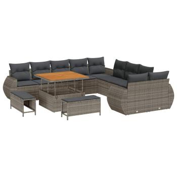 13-teiliges Garten Sofa Set mit Kissen graues Poly Rattan Akazie, 3-teiliges Garten Ess-Set mit Kissen graues Poly Rattan Akazie