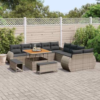13-teiliges Garten Sofa Set mit Kissen graues Poly Rattan Akazie, 3-teiliges Garten Ess-Set mit Kissen graues Poly Rattan Akazie
