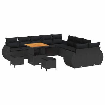 13-teiliges Garten Sofa Set mit Kissen Schwarz Poly Rattan Akazie, 3-teiliges Garten Esstisch Set mit Kissen Schwarz Poly Rattan Akazie