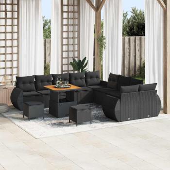 13-teiliges Garten Sofa Set mit Kissen Schwarz Poly Rattan Akazie, 3-teiliges Garten Esstisch Set mit Kissen Schwarz Poly Rattan Akazie