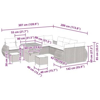 13-teiliges Garten Sofa Set mit Kissen Grau Poly Rattan Akazie, 3-teiliges Garten Esstisch Set mit Kissen Grau Poly Rattan Akazie