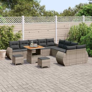 13-teiliges Garten Sofa Set mit Kissen Grau Poly Rattan Akazie, 3-teiliges Garten Esstisch Set mit Kissen Grau Poly Rattan Akazie