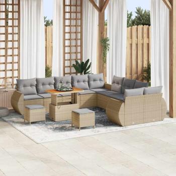 ARDEBO.de - 13-teiliges Garten-Sofa-Set mit Kissen Beige Poly Rattan Akazie, 3-teiliges Garten-Esszimmer-Set mit Kissen Beige Poly Rattan Akazie