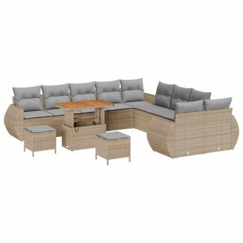 13-teiliges Garten-Sofa-Set mit Kissen Beige Poly Rattan Akazie, 3-teiliges Garten-Esszimmer-Set mit Kissen Beige Poly Rattan Akazie