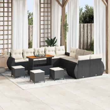 ARDEBO.de - 14-teiliges Garten-Sofa-Set mit Kissen aus schwarzem Poly-Rattan und Akazie, 4-teiliges Garten-Ess-Set mit Kissen aus schwarzem Poly-Rattan und Akazie