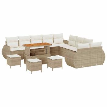 14-teiliges Gartensofa Set mit Kissen Beige Poly Rattan Akazie, 4-teiliges Garten-Esszimmer Set mit Kissen Beige Poly Rattan Akazie