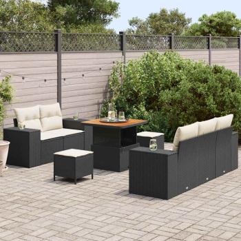 8-teiliges Garten-Sofa-Set mit Kissen in Schwarz aus Poly-Rattan, 3-teiliges Garten-Ess-Set mit Kissen in Schwarz aus Poly-Rattan