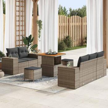 ARDEBO.de - 8-teiliges Garten Sofa Set mit Kissen Grau Poly Rattan Akazie, 3-teiliges Garten Esstisch Set mit Kissen Grau Poly Rattan Akazie