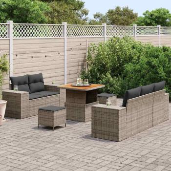 8-teiliges Garten Sofa Set mit Kissen Grau Poly Rattan Akazie, 3-teiliges Garten Esstisch Set mit Kissen Grau Poly Rattan Akazie