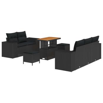 8-teiliges Garten Sofa Set mit Kissen Schwarz Poly Rattan Akazie, 3-teiliges Garten Essenset mit Kissen Schwarz Poly Rattan Akazie
