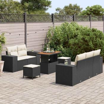 8-teiliges Garten Sofa Set mit Kissen Schwarz Poly Rattan Akazie, 3-teiliges Garten Esszimmer Set mit Kissen Schwarz Poly Rattan Akazie