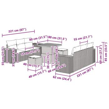 9-teiliges Garten-Sofa-Set mit Kissen Beige Poly Rattan Akazie, 3-teiliges Garten-Ess-Set mit Kissen Beige Poly Rattan Akazie